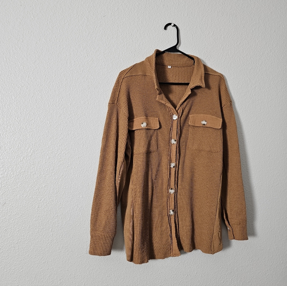 Waffle Knit Button-Up Shirt Jacket - Camel Brown Sz S